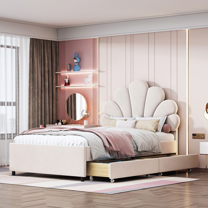 Cama infantil de 90x200 cm. Cama individual con 2 compartimentos de almacenamiento. Cama de invitados de terciopelo beige.