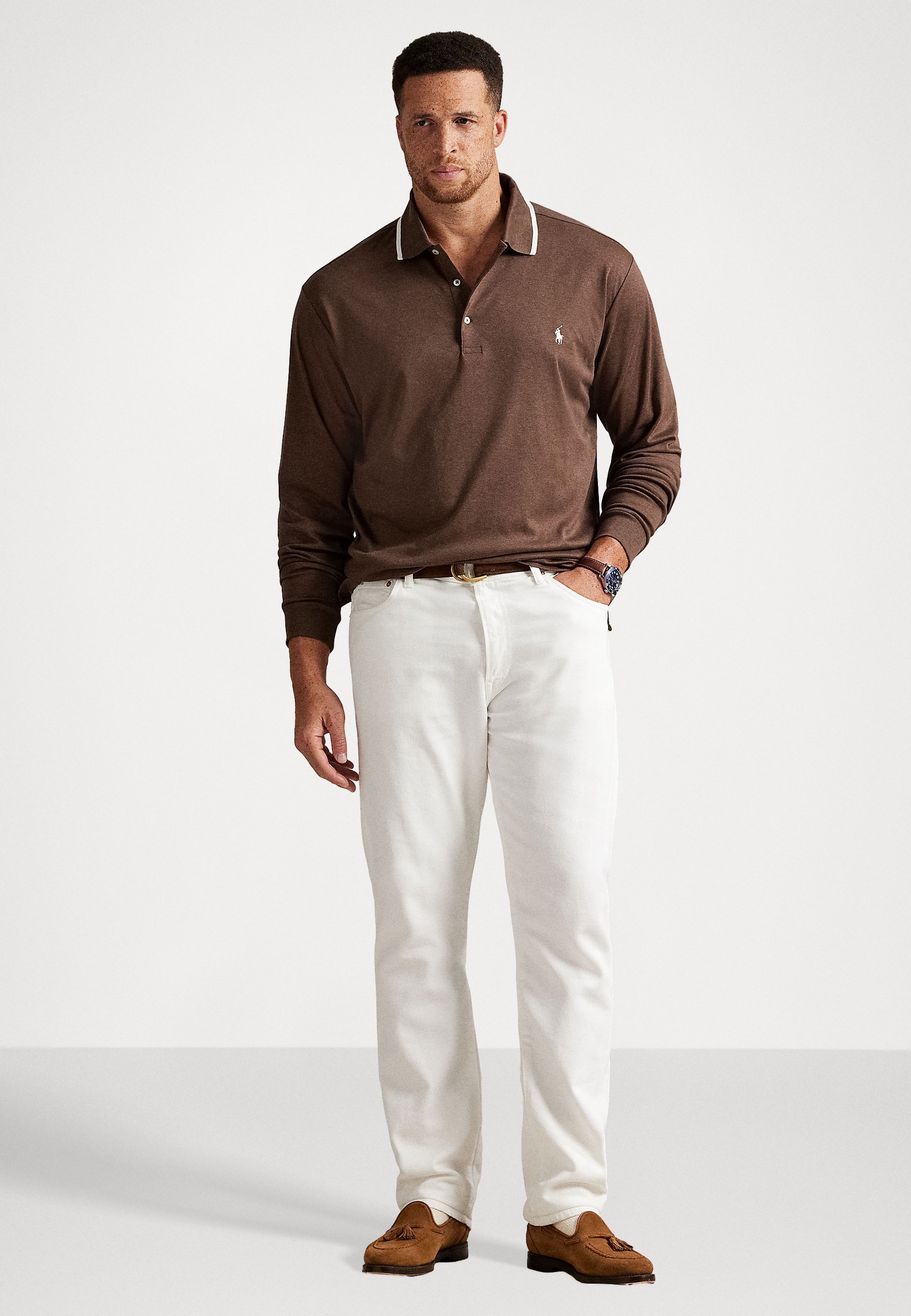 Polo Ralph Lauren Big & Tall POLO IN COTONE MORBIDO A MANICHE LUNGHE - Top a maniche lunghe - marrone noce mélange