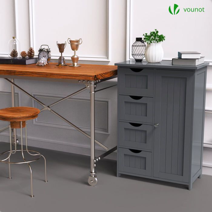 VOUNOT® Meuble bas de salle de bain 55x30x82cm - Armoire de rangement avec 4 tiroirs, 1 porte, 1 étagère réglable - Gris