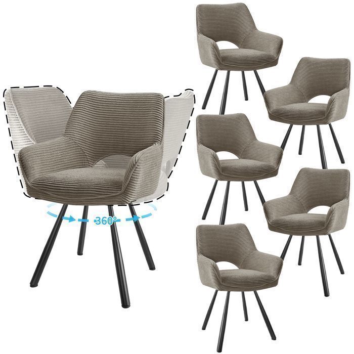 WAFTING Lot de 6 Chaises de Salle à Manger, Fauteuil Pivotantes avec Accoudoirs, Rembourrées avec Dossier en Velours,Taupe
