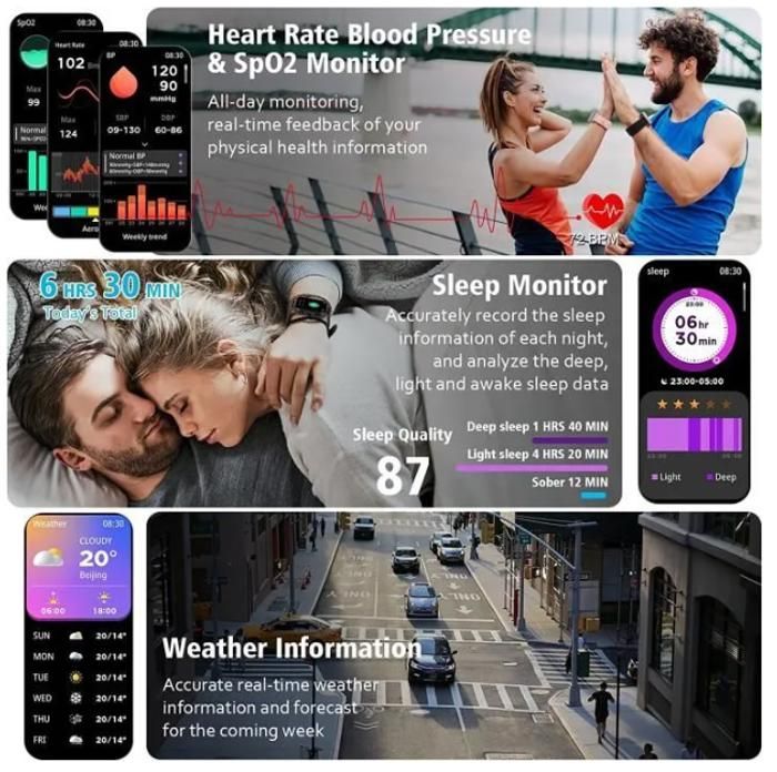 Smartwatch for Men and Women, IP68 Waterproof Sports Smartwatch with Heart Rate Monitor for iOS and Android Phones, Black