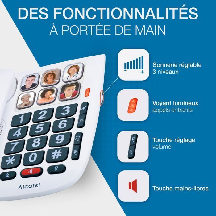 Téléphone fixe filaire senior - SUTEO - Grandes touches - Mains libres - Indicateur lumineux d'appel