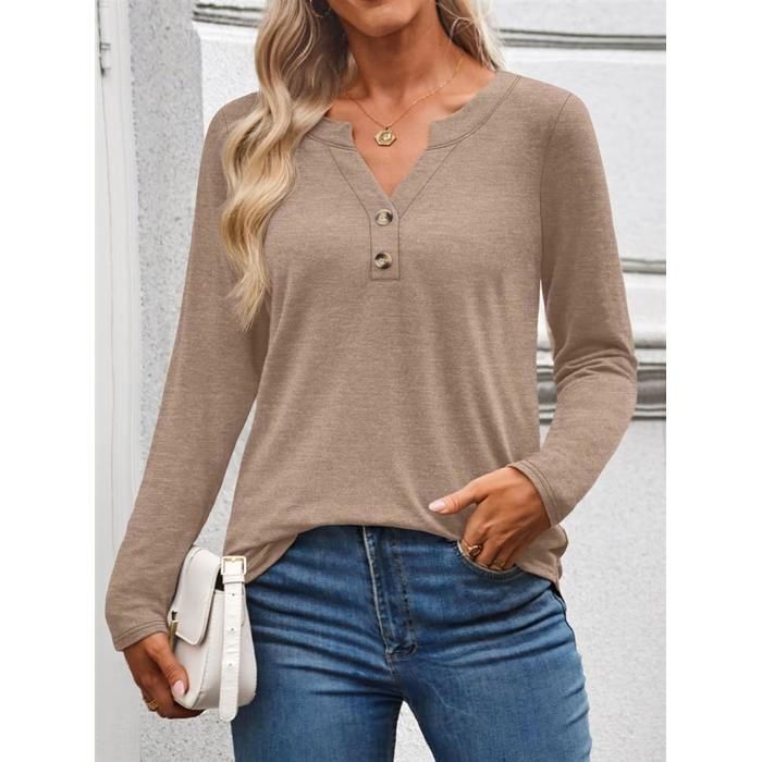 T-Shirt Manches longues Femme Printemps Col V Casual,Gris