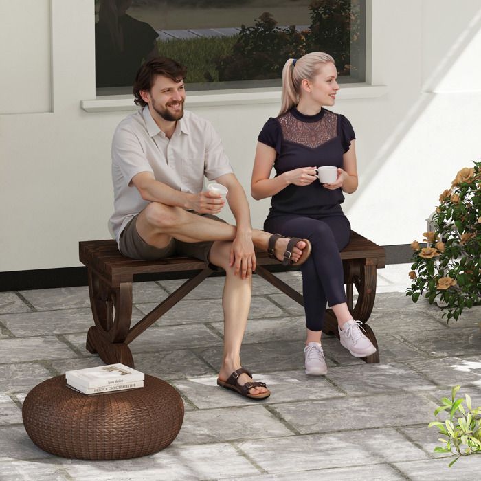 Houten tuinbank - Outsunny - zitting met latten, decoratieve wielen - voor terras, balkon, achtertuin - bruin