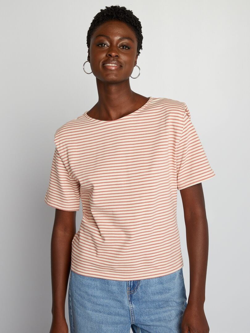 Camiseta listrada com ombreiras - BEGE