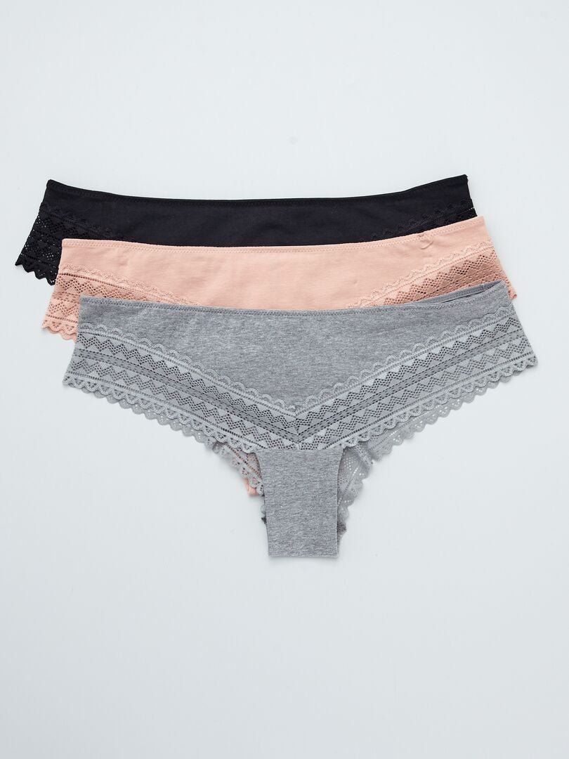 Set van 3 katoenen kanten stringtjes - ROZE