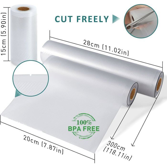 Rouleau Sous Vide Alimentaire 8 Packs：28/20/15/X300 Cm Sac Sous Vide Alimentaire 170µm, Film Sous Vide Alimentaire Gaufré [YC703]