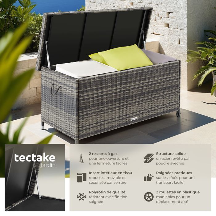 Rangement d'extérieur - TECTAKE - Coffre de jardin KIRUNA en polyrotin avec poignées et 2 roulettes 121 x 56 x 60 cm 270 L - Gris