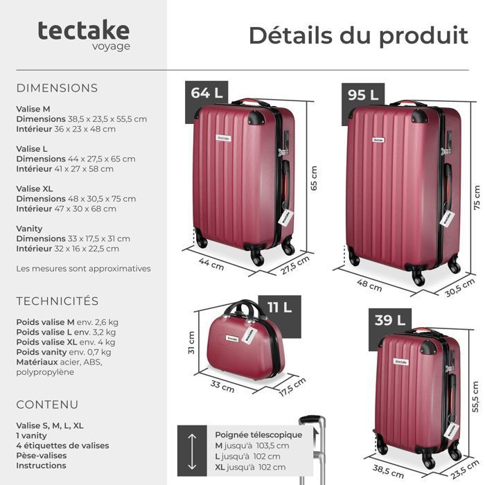 Maleta - TECTAKE - CLÉO, juego de maletas rígidas de plástico ABS, 48 x 30,5 x 75 cm - Rojo burdeos