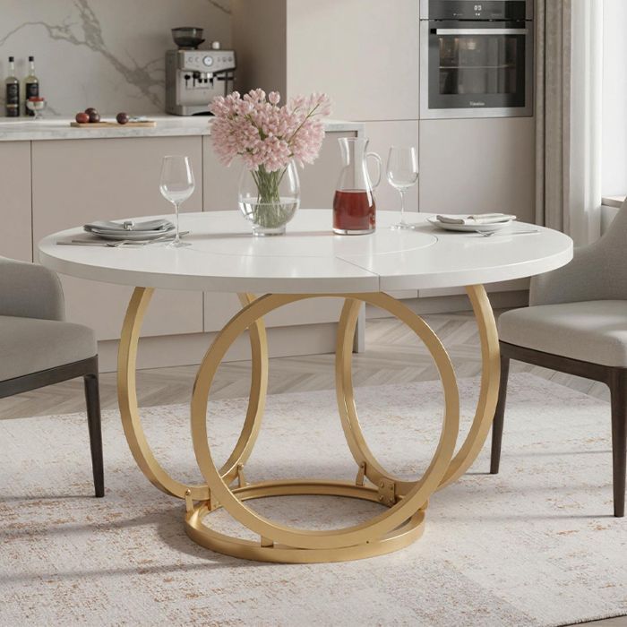 Mesa de comedor redonda, 120 × 75 cm, mesa de cocina blanca para 4 personas, patas de metal dorado, blanco y dorado.