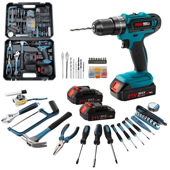 Taladro atornillador inalámbrico de 21 V - POWTOOLS - 2 baterías de 1500 mAh - 118 accesorios - 25+3 modos - 2 velocidades
