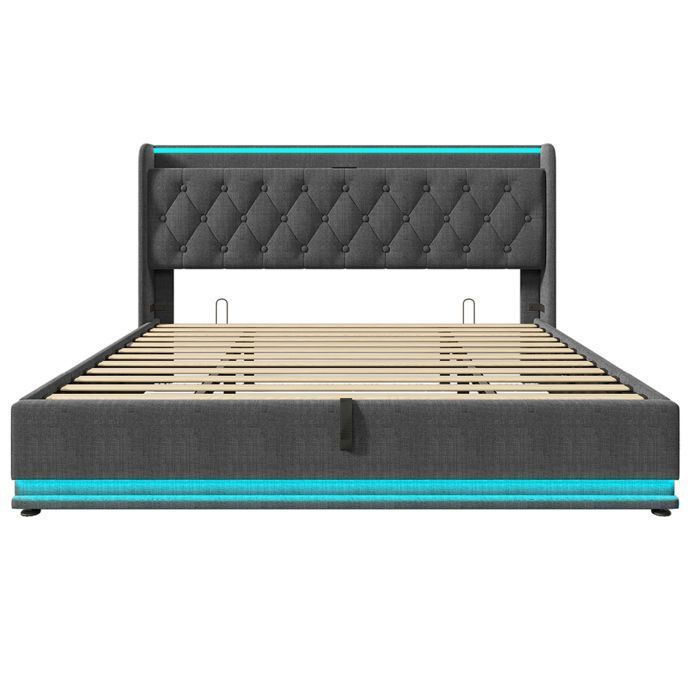 Lit coffre capitonné 180x200 cm en lin - avec Fonction de recharge USB Type-C et LED - Coffre de rangement - Sommier à lattes -