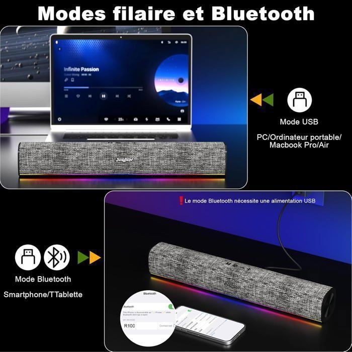 SOULION R100 Altoparlanti per PC, soundbar Bluetooth con LED per computer, alimentazione tramite USB (adattatore USB-C incluso)