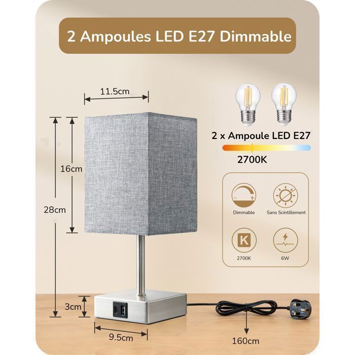 EDISHINE Touch tafellampenset van 2, USB-A- en USB-C-poorten, dimbare E27 LED-lamp inbegrepen, grijze lampenkap
