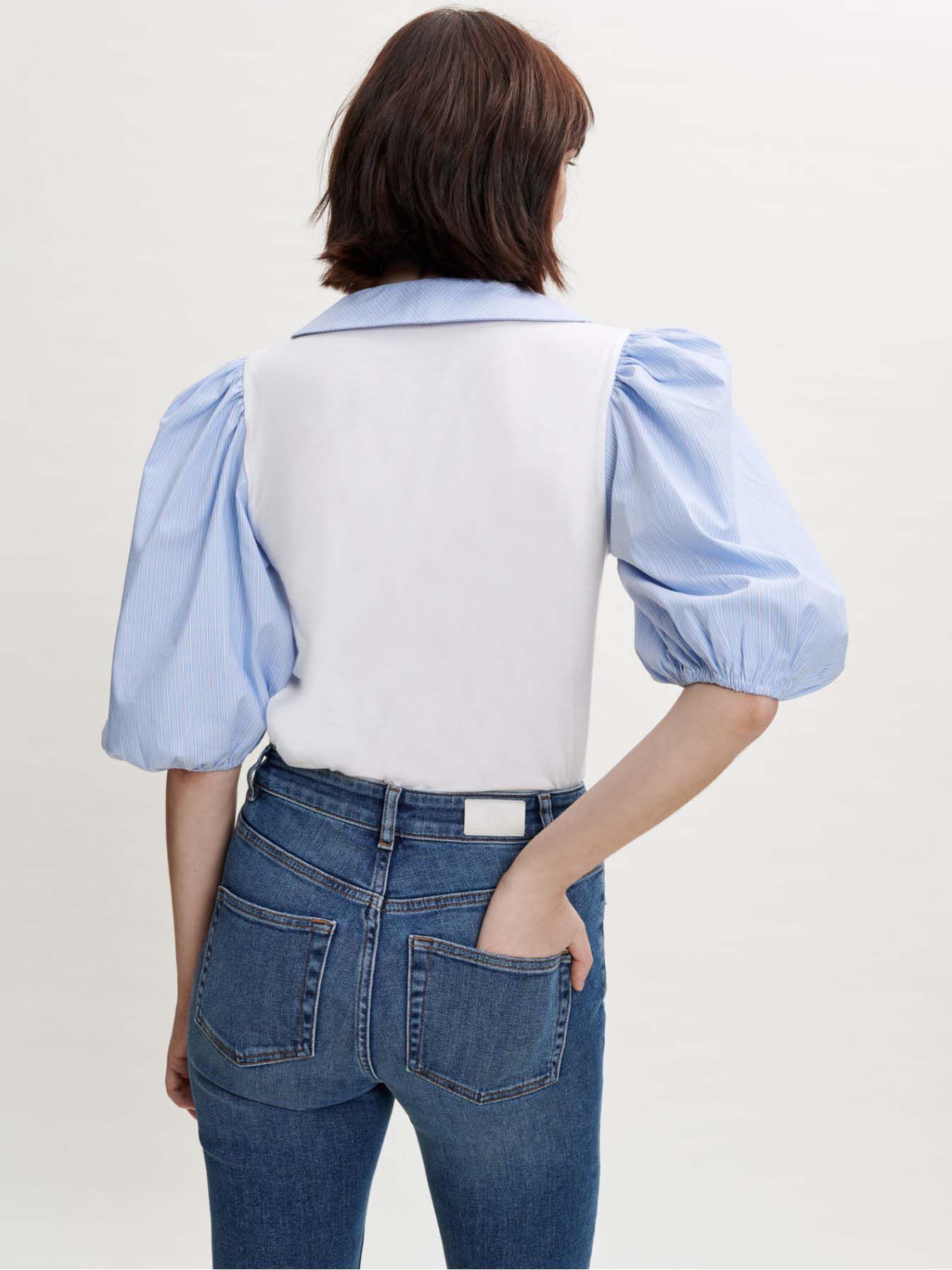 Tricou cu guler din material mixt - Albastru
