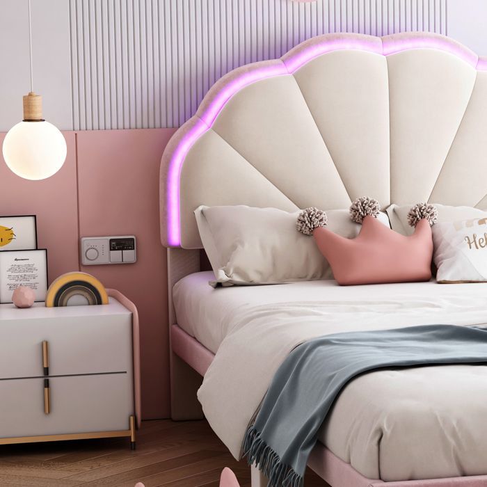 Cama de solteiro - SINGULARITY - Cama estofada 90x200 cm - Cabeceira recortada e capitonê - LED multicolorido - Veludo bege e rosa