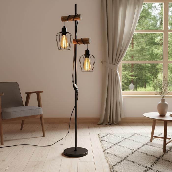 Vloerlamp - NETTLIFE - 2 metalen en houten lampen - E27 - Hoogte 151 cm - Zwart