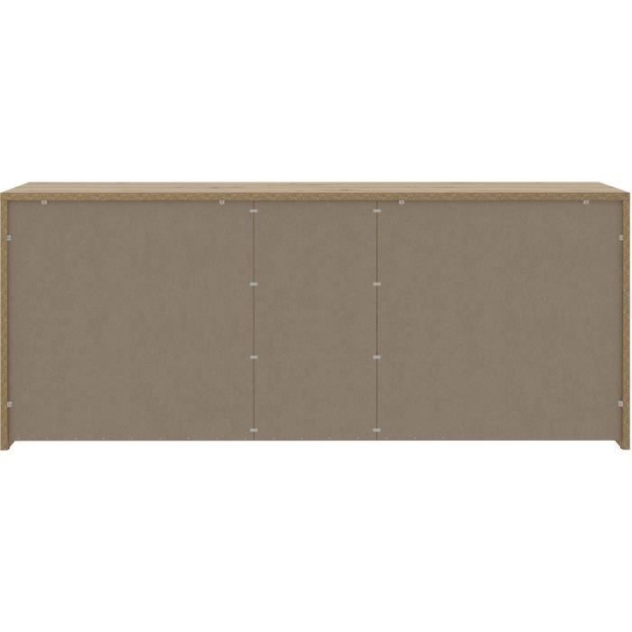 Buffet PILVI - Style contemporain - Particules mélaminé -Décor Chêne artisan et Noir- 4 portes + 3 tiroirs - L179,2 x P42 x H74,5