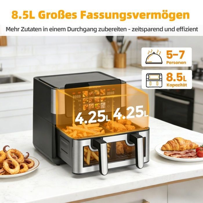 Fritadeira Elétrica sem Óleo - 8,5L Cesto Simples/Duplo - 12 Programas e Visor de Cozimento - Fritadeira sem Óleo com Tela Sensível ao Toque até 200°C - Preta