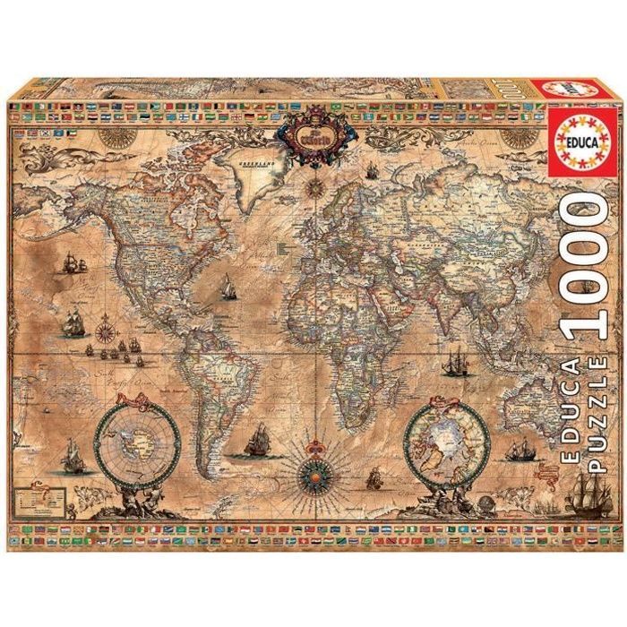 Puzzle Mappe monde, 1000 pièces, Voyage et cartes, EDUCA 15159