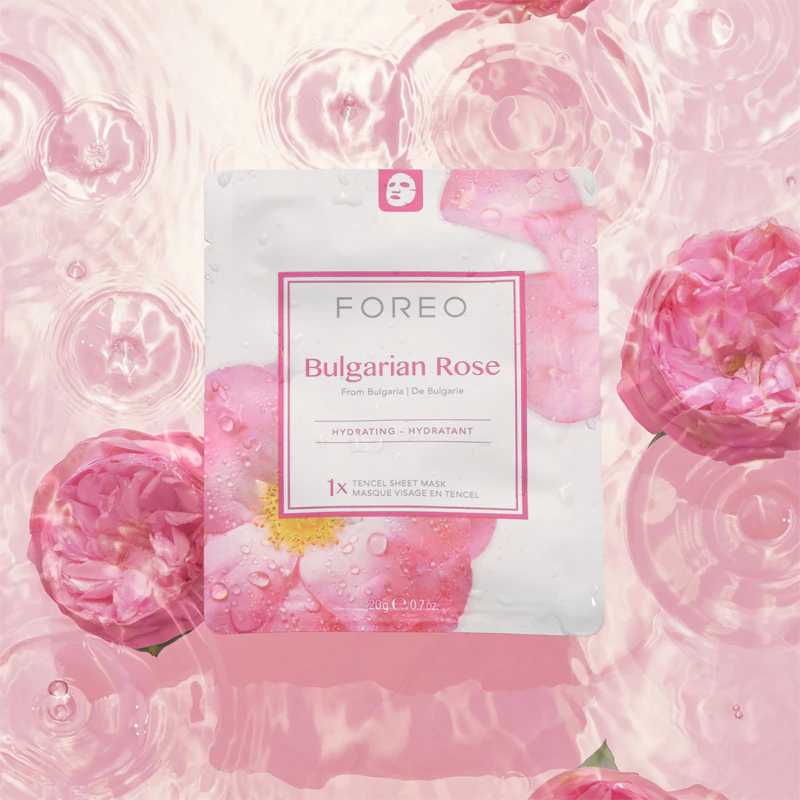 Máscara facial hidratante em tecido FOREO Farm to Face com aroma de rosa búlgara.