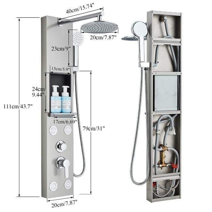 Colonna doccia idromassaggio multifunzionale in acciaio inox con soffione fisso, funzione massaggio e mensola (nichel spazzolato)