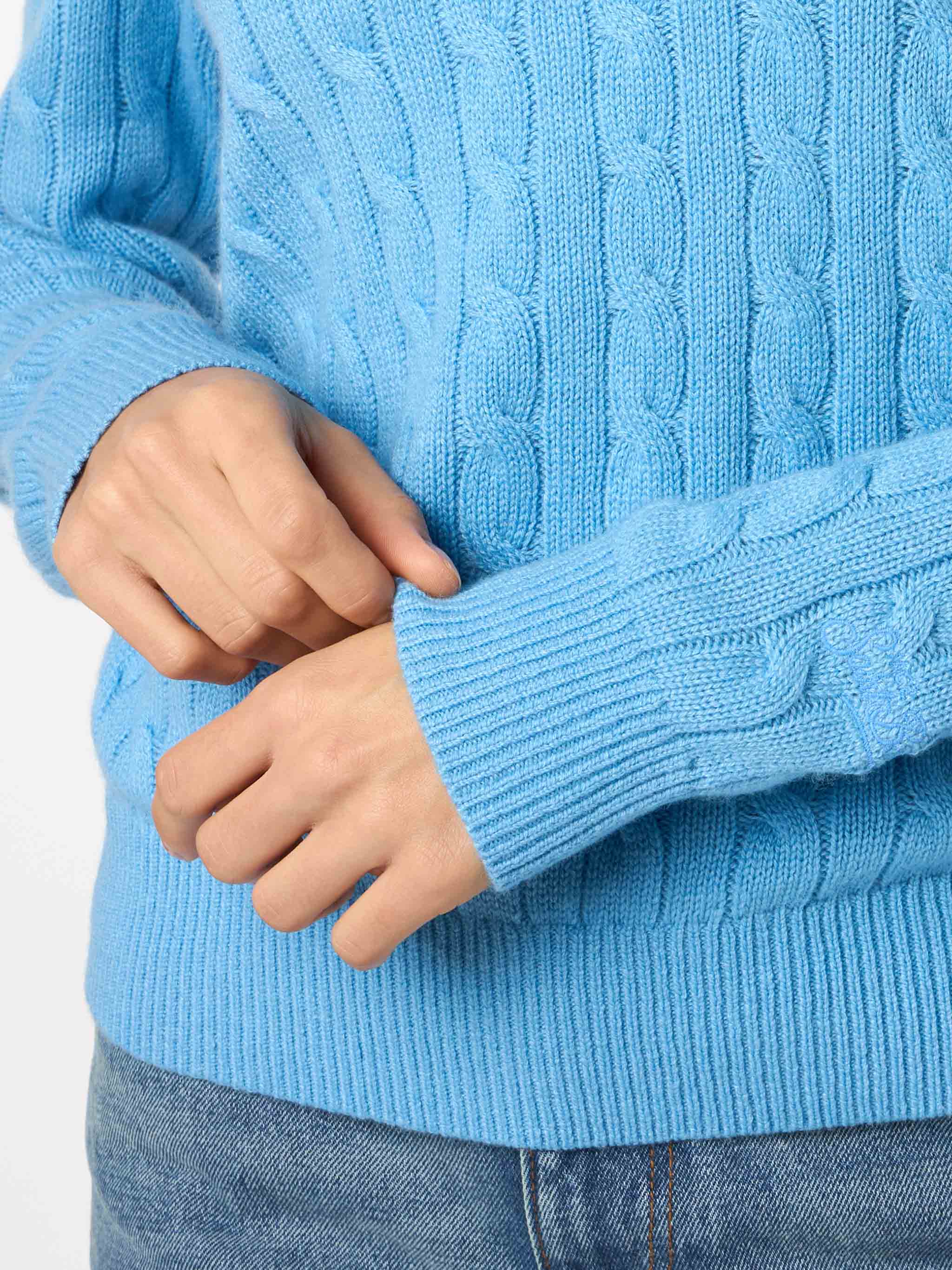 Kabelgebreide trui voor dames van kasjmierblend, blauw Pol