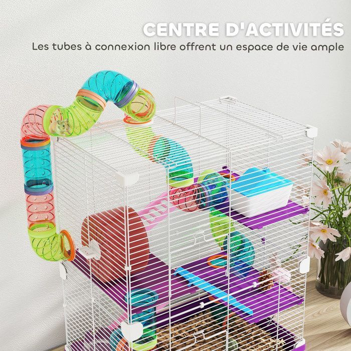 PawHut 4-stöckiger Hamster-/Nagerkäfig mit Tunneln, Futternapf, Laufrad, Häuschen und Leitern – 46 x 30 x 58 cm – Lila