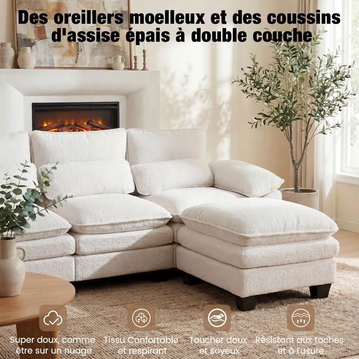 Divano modulare Patbrela extra large a forma di U, con 2 pouf reversibili, cuscino di seduta a doppio strato Cloud, tessuto in velluto Teddy beige.