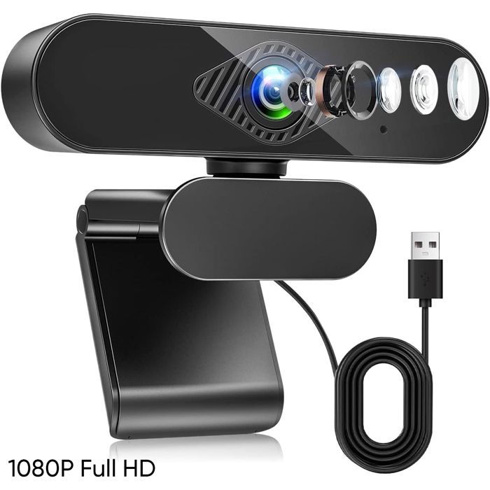 Webcam para PC com microfone, câmera web Full HD 1080p com microfone, câmera USB Plug & Play com rotação de 360° para vídeo e