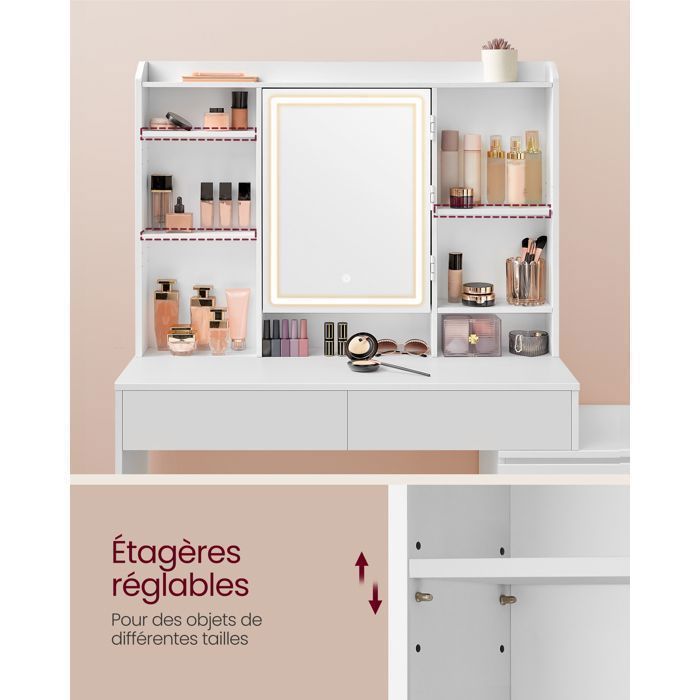 VASAGLE Coiffeuse, Grand Miroir LED à Luminosité Réglable, L-100cm, Compartiments Ouverts, Étagères Réglables, Blanc
