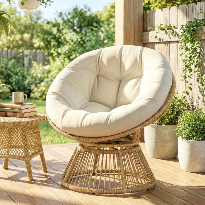 Silla Papasan giratoria 360° - Silla de jardín - Outsunny - Cojín suave de 12 cm - Poliratán y acero - Natural