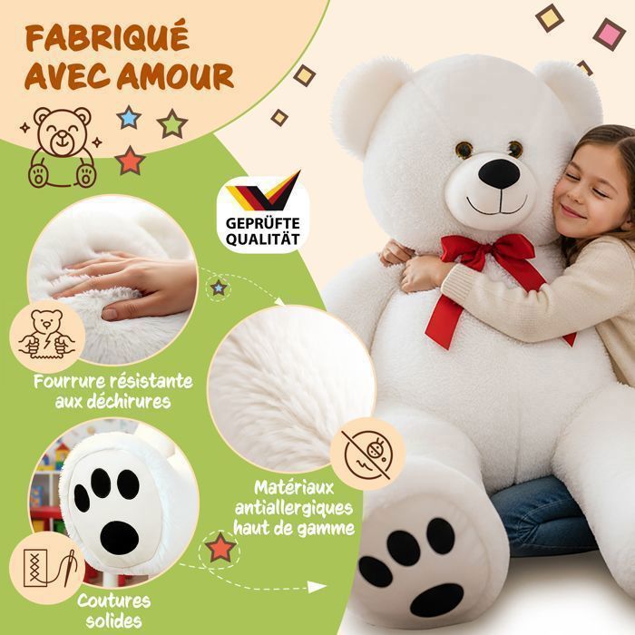 Ours En Peluche Très Douce MONZANA® Avec Noeud Papillon - Nounours Géant 100cm Blanc - Grosse peluche - Doudou Mignon