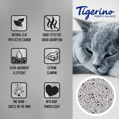 Żwirek dla kota Tigerino Performance Active Carbon – zapach pudru dla dzieci