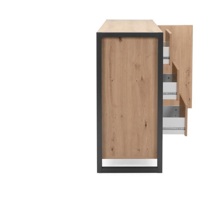 DENVER Buffet 3 portes 3 tiroirs - Décor chêne artisan / Anthracite - L 160 x P 40 x H 88 cm