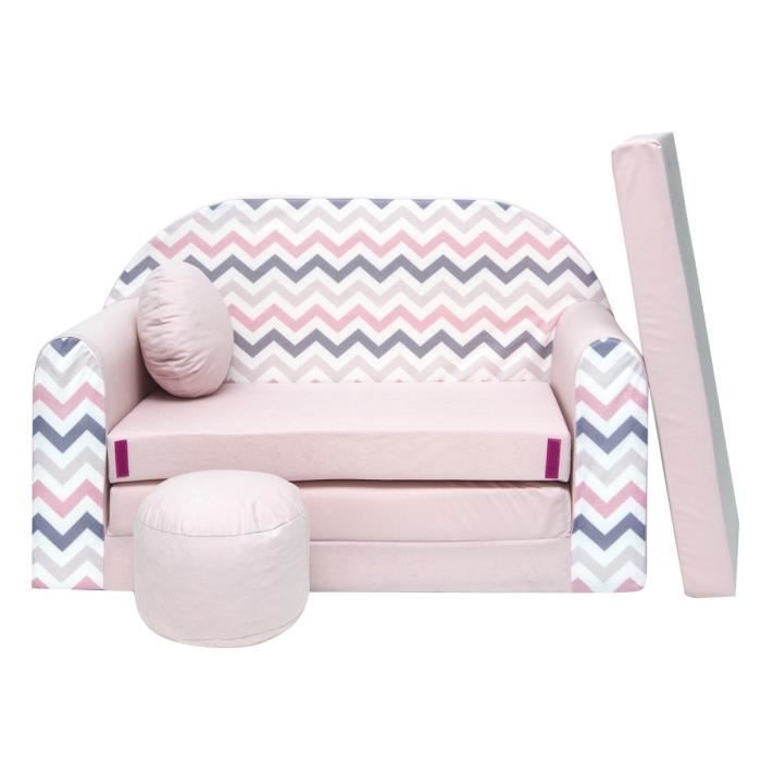 Sofá-cama infantil conversível NINO com pufe e almofada - Zigzag rosa