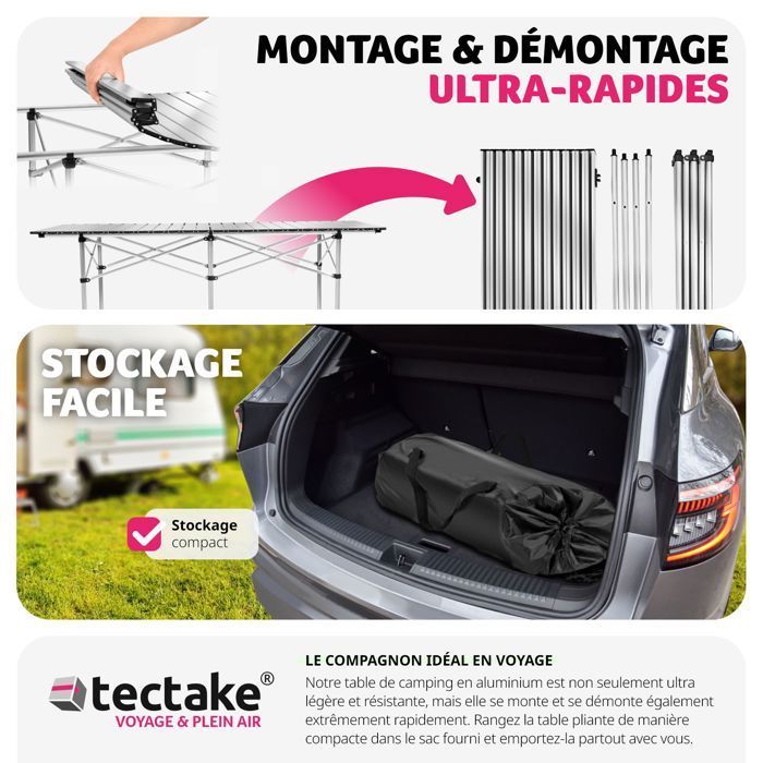 Mesa de picnic - TECTAKE - Mesa plegable de aluminio de 140 x 70 x 70 cm, resistente a la intemperie, con bolsa de transporte - Gris