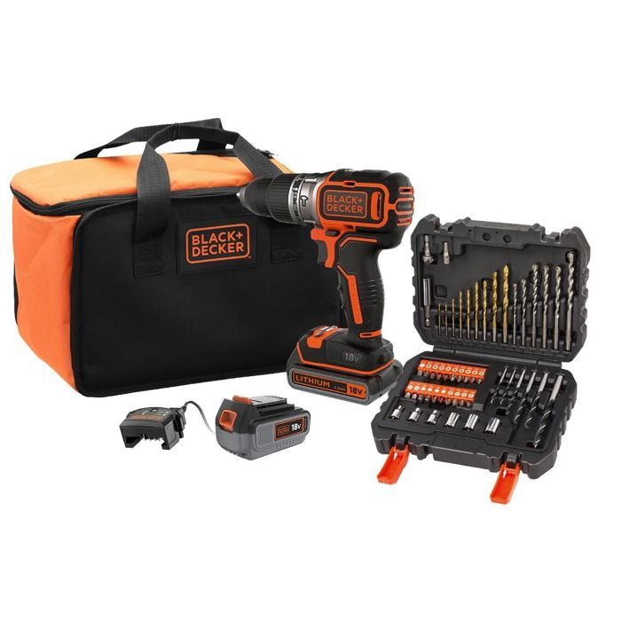Perceuse à percussion BLACK+DECKER sans fil 18V + 2 batteries 2,5Ah et 4Ah+ 50 accessoires + sac de rangement - BL188ME2SA-QW