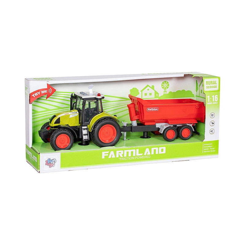 Tractor FunToys a escala 1:16 con remolque, luces y sonido.