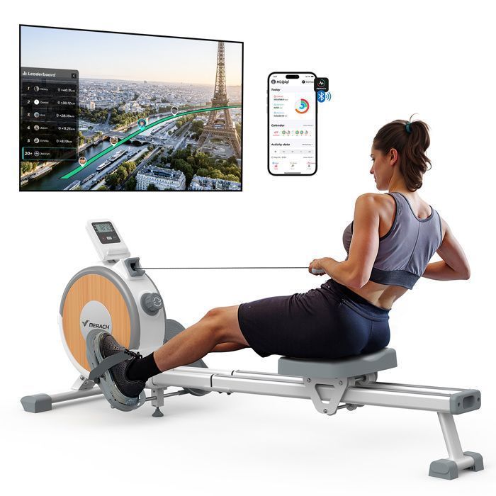 Indoor Rowing Machine – MERACH – 16 Levels of Magnetic Resistance – Max 160 kg – LCD Screen – Kinomap Compatible – Light Gray