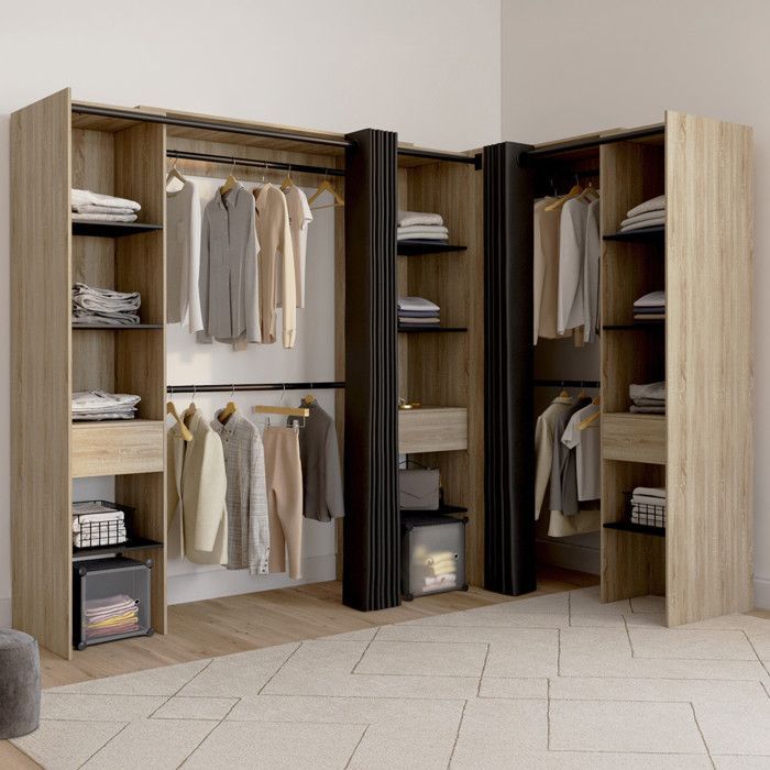 IDMARKET MARLON Uitschuifbare hoekkledingkast 230 x 140 x 180 cm Beuken met kledingstangen + planken + zwarte gordijnen