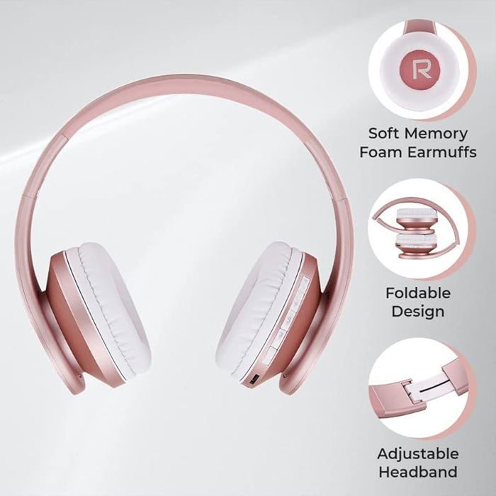 Auriculares Bluetooth inalámbricos supraaurales con micrófono integrado, sonido estéreo HD, ranura para tarjeta Micro SD/TF, modo FM, color oro rosa.