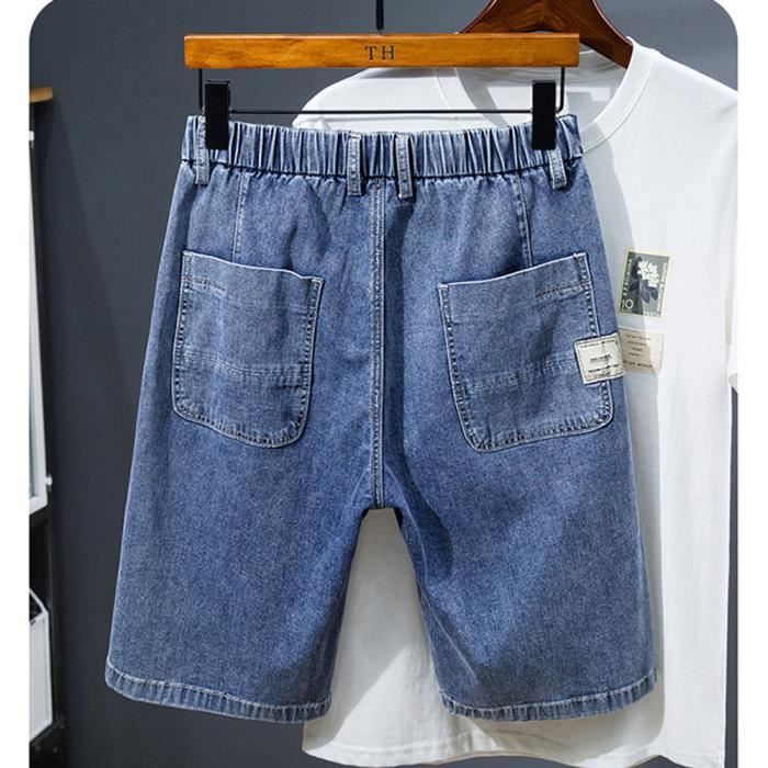 Men's Summer Denim Bermuda Shorts, Plus Size, Elastic Pull-On, Straight Cut, Retro Style - Blue