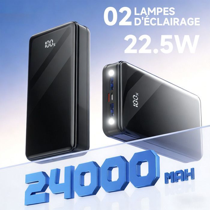 Bateria externa de 24000mAh, com 3 saídas/1 entrada, tela LCD e lanterna LED para smartphones.