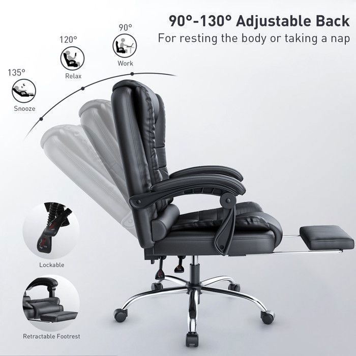 Silla de oficina, silla de polipiel con reposapiés, ergonómica, regulable en altura, negra.