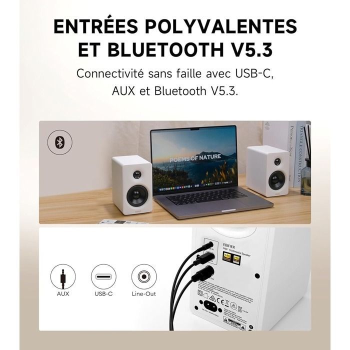 Enceinte PC Edifier M60 - de bureau compactes certifiee High-Res Audio - 66 Watts - Blanc