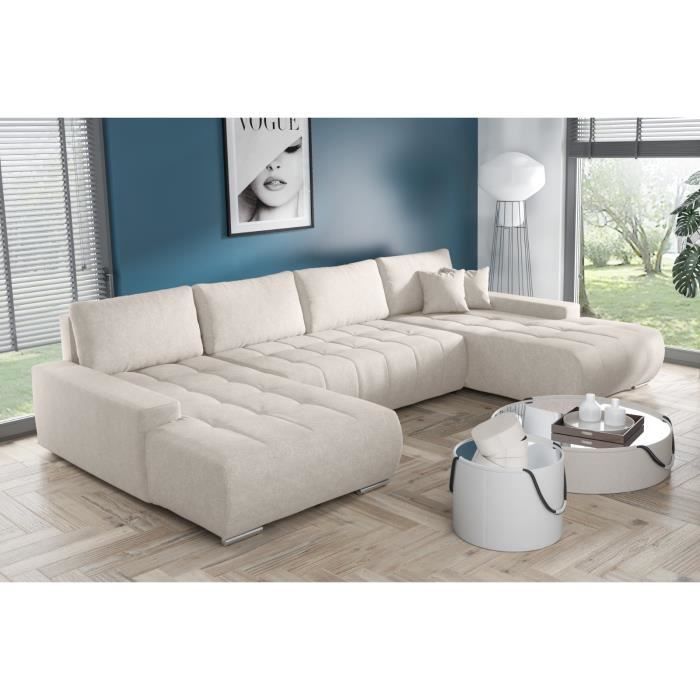 BELUTI - Panoramic U-shaped corner sofa bed. Designer fabric. Bed + Storage compartment (Beige)