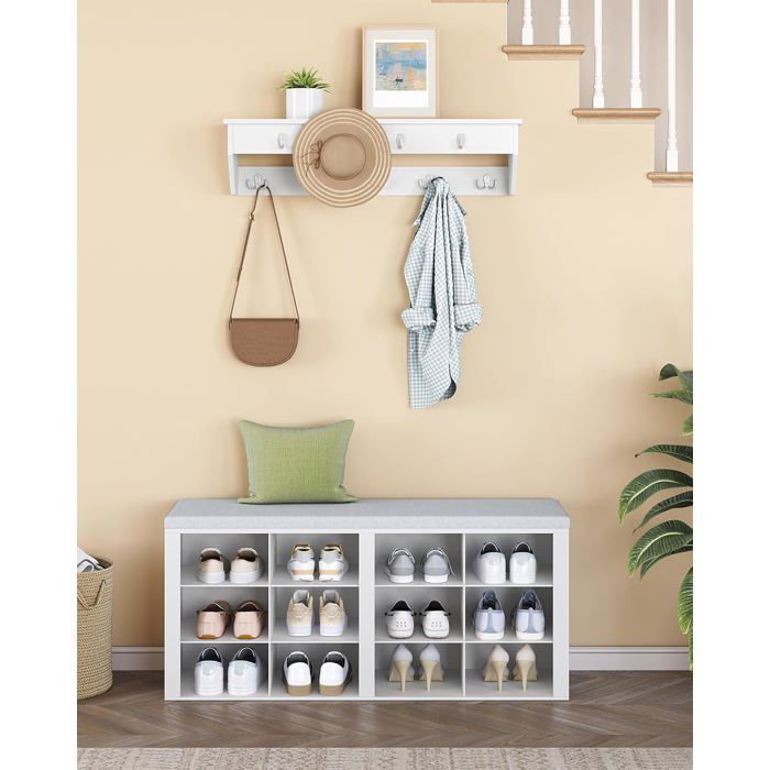 Banco zapatero, banco de almacenamiento con 12 compartimentos, perchero, estante para zapatos, con 9 ganchos, blanco-gris