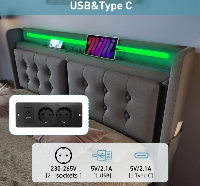 Lit adulte 180x200cm en tissu lin - avec LED et Ports de recharge - 4 tiroirs - avec sommier à lattes - Gris