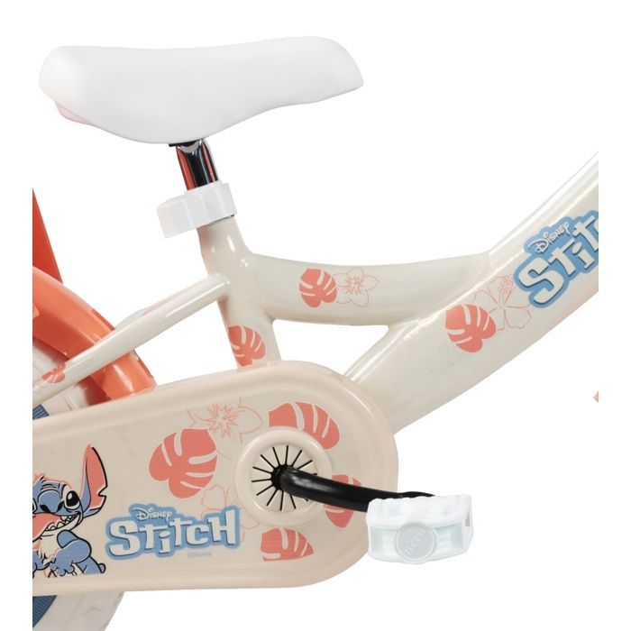 Vélo enfant 12'' STITCH / DISNEY (Taille enfant < 95 cm) avec 1 frein, panier avant, porte poupée, stabilisateurs & Casque inclus !